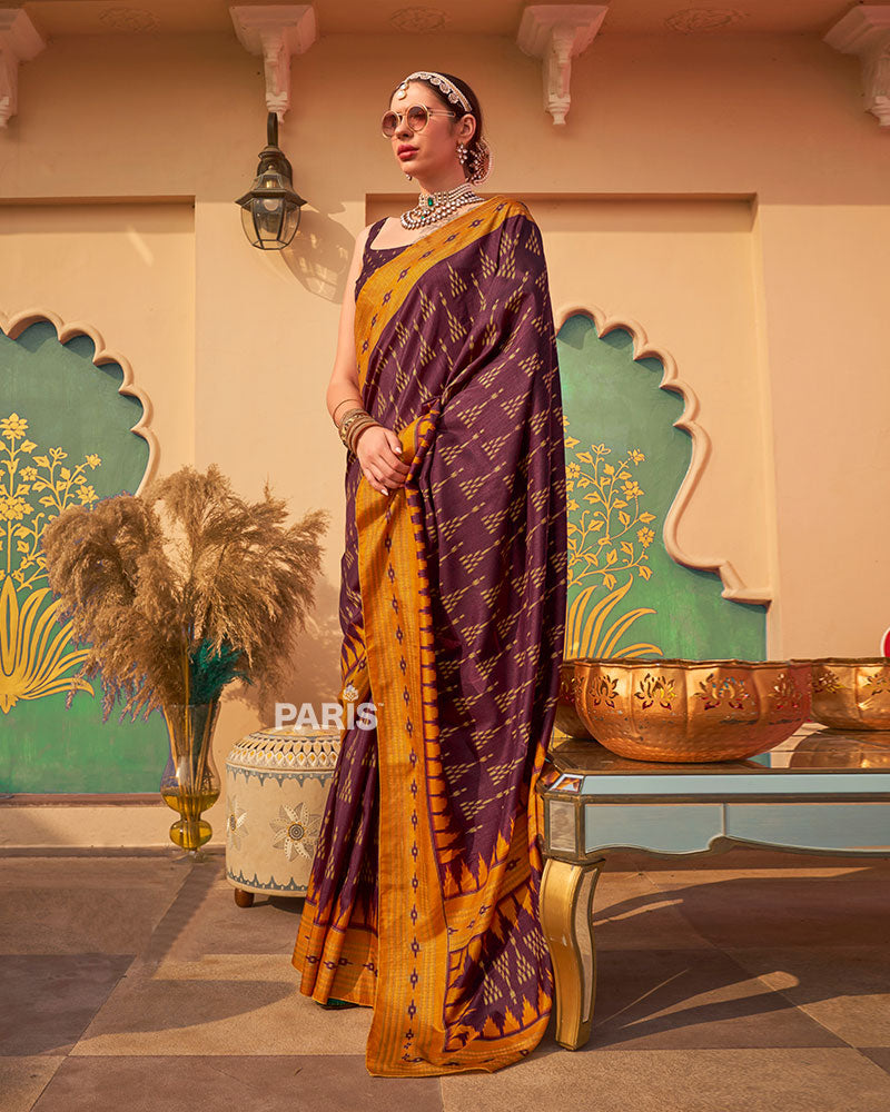 Green Ikat Silk Saree with Red Contrast Border