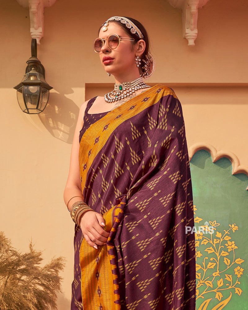 Green Ikat Silk Saree with Red Contrast Border