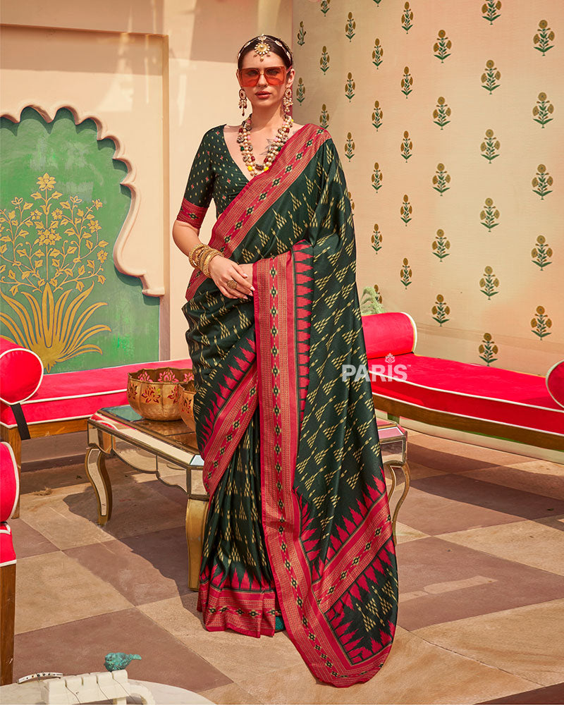 Black Ikat Silk Saree with Red Contrast Border
