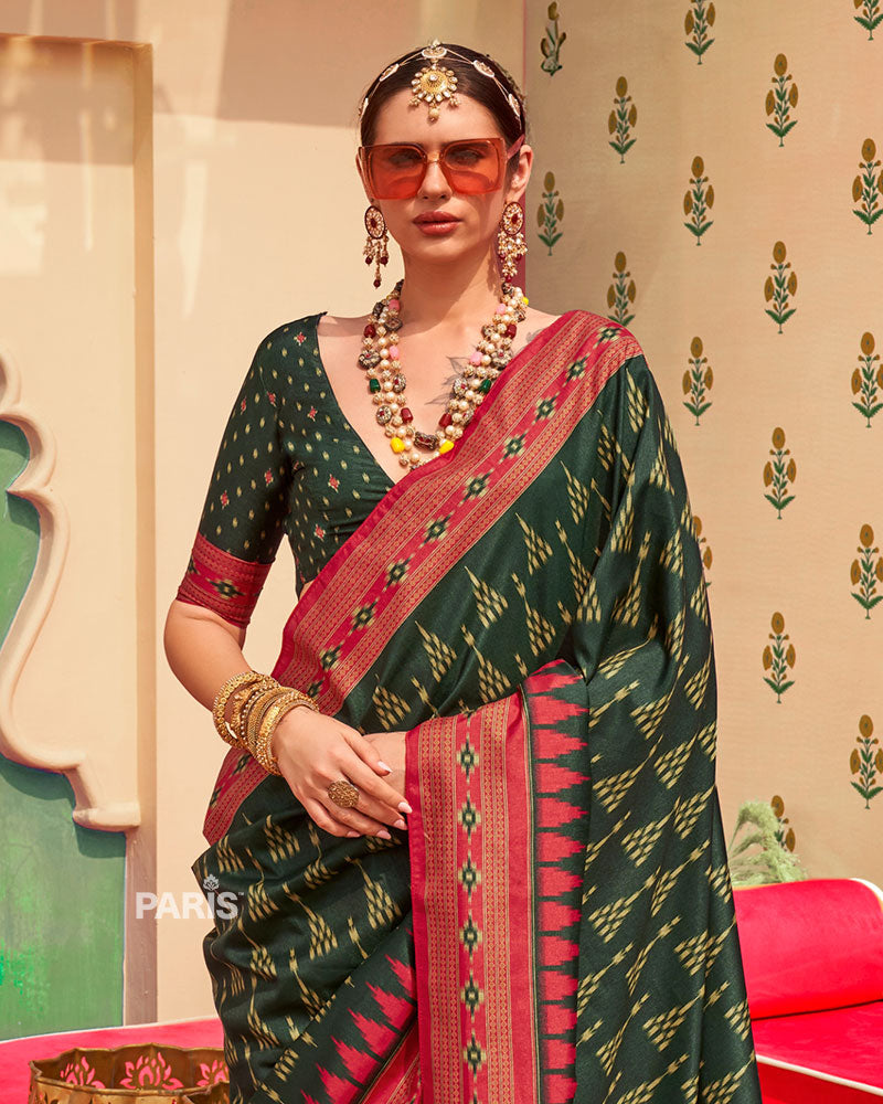 Black Ikat Silk Saree with Red Contrast Border