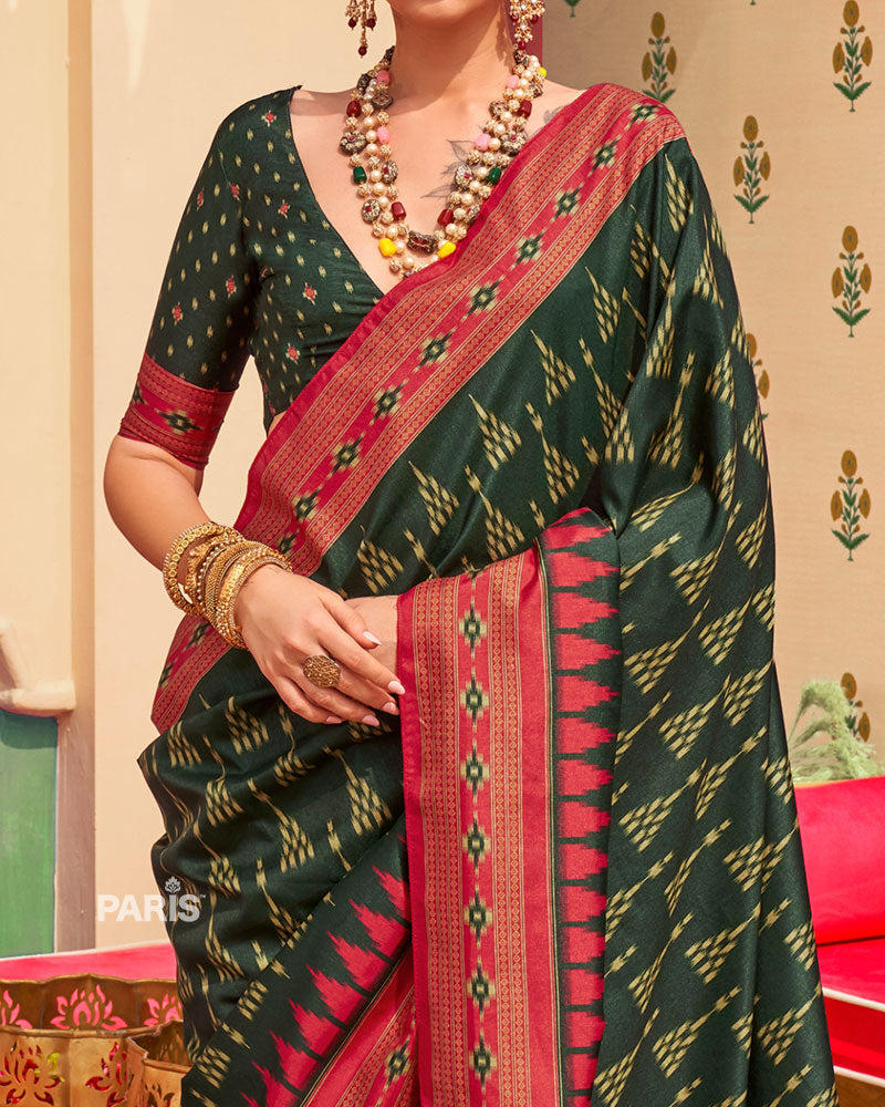 Black Ikat Silk Saree with Red Contrast Border