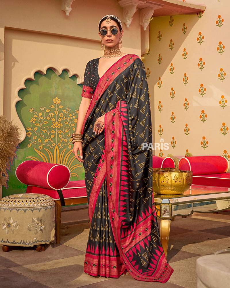 Navy Ikat Silk Saree with Teal Green Border