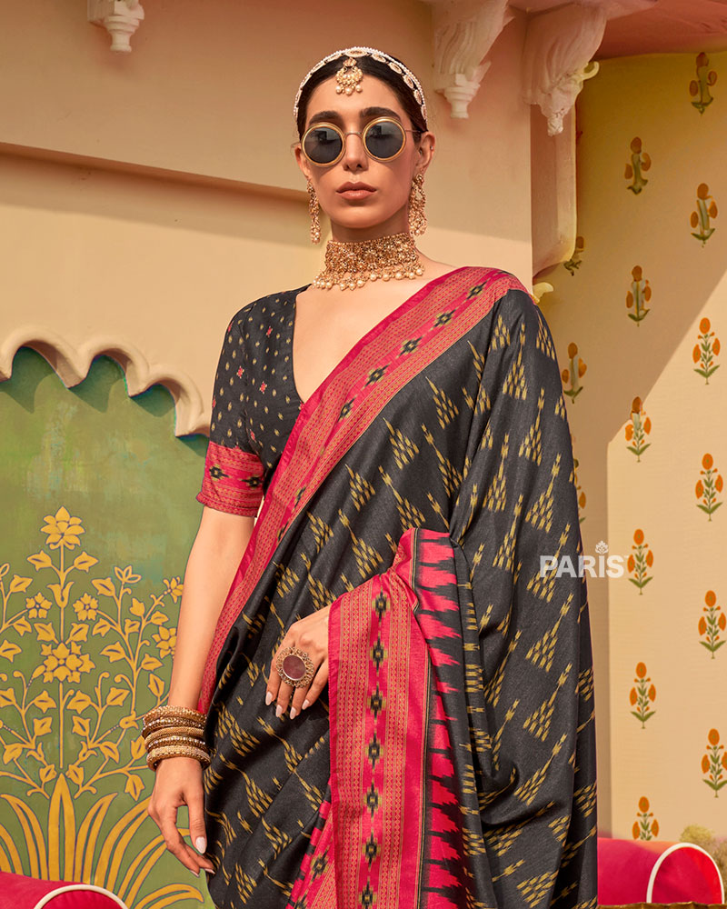 Navy Ikat Silk Saree with Teal Green Border