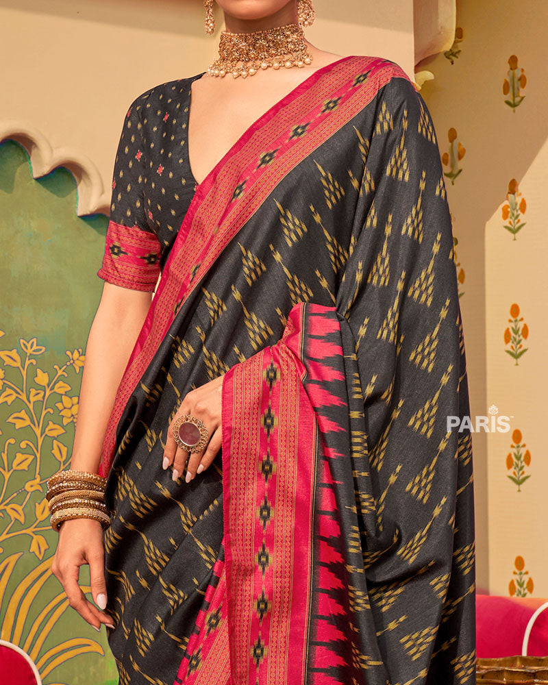 Navy Ikat Silk Saree with Teal Green Border