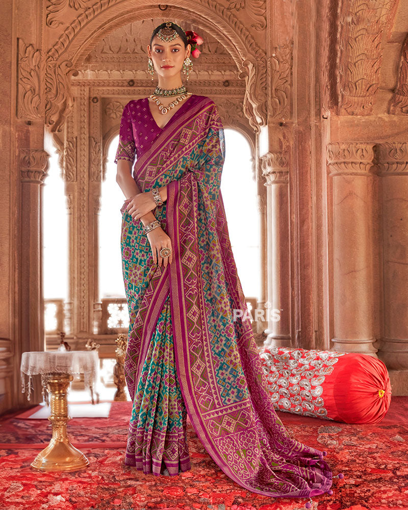 Purple and Teal Patola Printed Saree with Unstitched Blouse 01