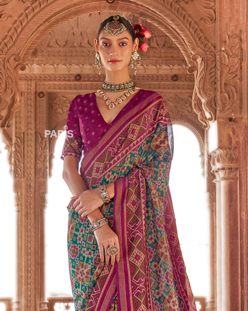 Purple and Teal Patola Printed Saree with Unstitched Blouse 02
