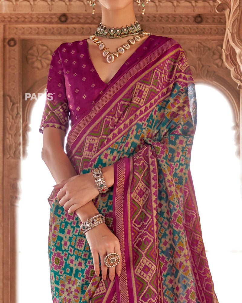 Purple and Teal Patola Printed Saree with Unstitched Blouse 03