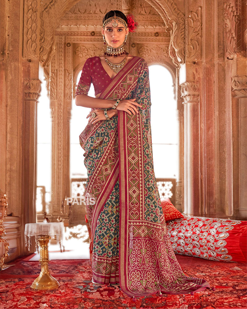 Maroon and Teal Patola Printed Saree with Unstitched Blouse 01