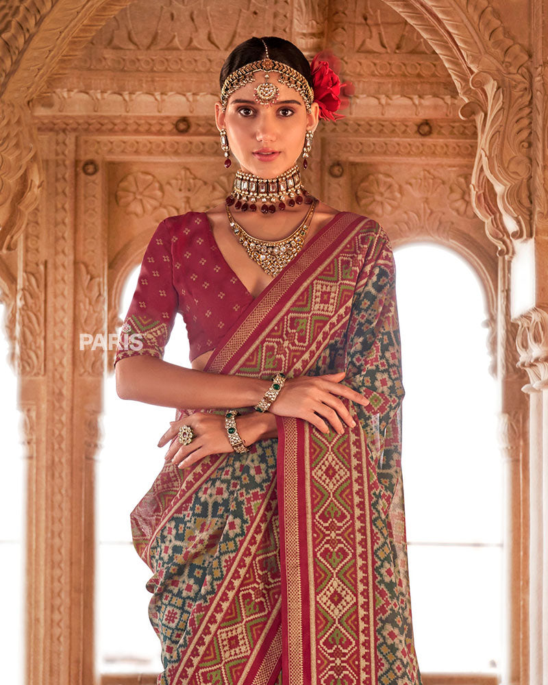 Maroon and Teal Patola Printed Saree with Unstitched Blouse 02