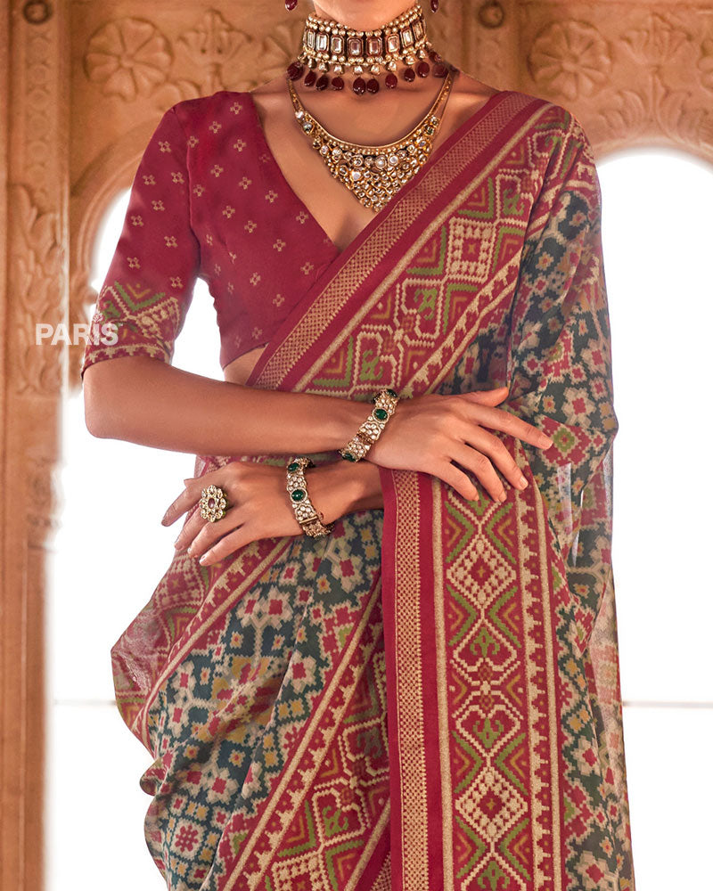 Maroon and Teal Patola Printed Saree with Unstitched Blouse 03
