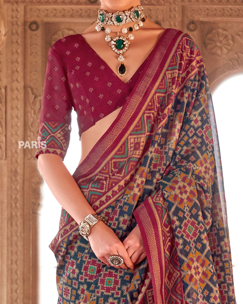 Navy Blue and Maroon Patola Printed Saree with Unstitched Blouse 03