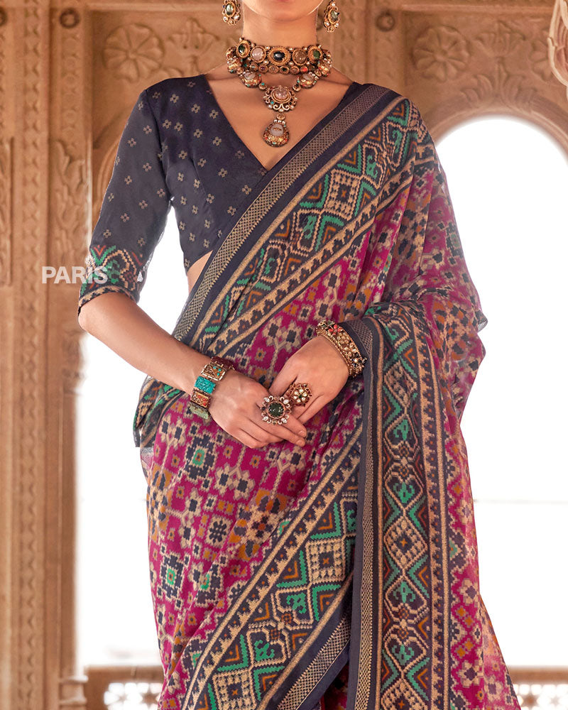 Navy Blue and Magenta Patola Printed Saree with Unstitched Blouse 03