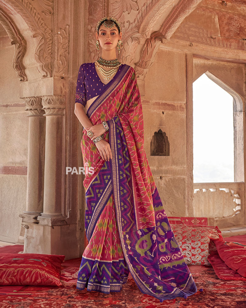 Purple and Pink Ikat Patola Printed Saree with Unstitched Blouse 01