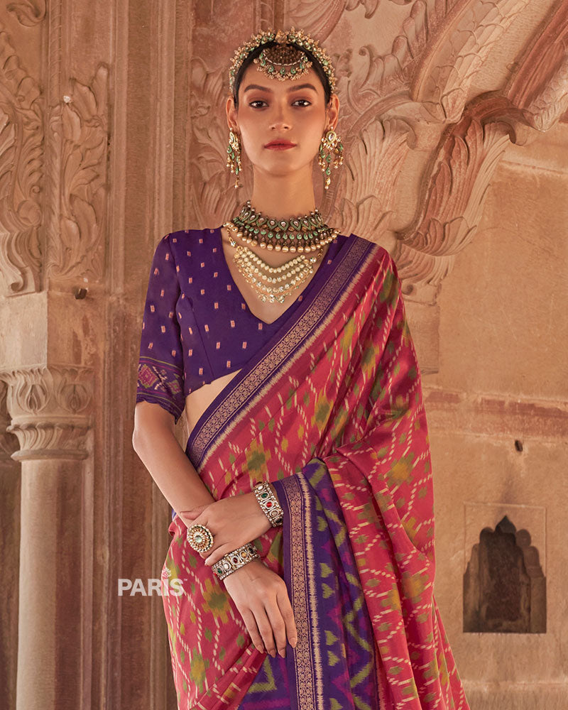 Purple and Pink Ikat Patola Printed Saree with Unstitched Blouse 02