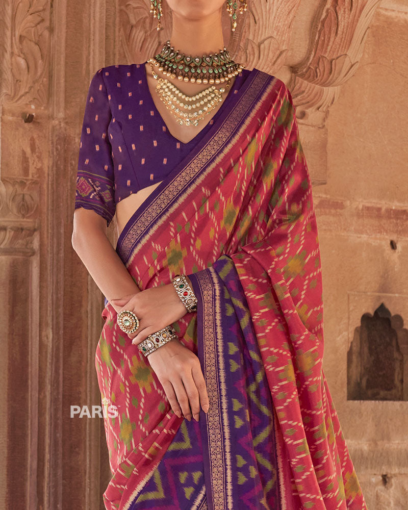 Purple and Pink Ikat Patola Printed Saree with Unstitched Blouse 03