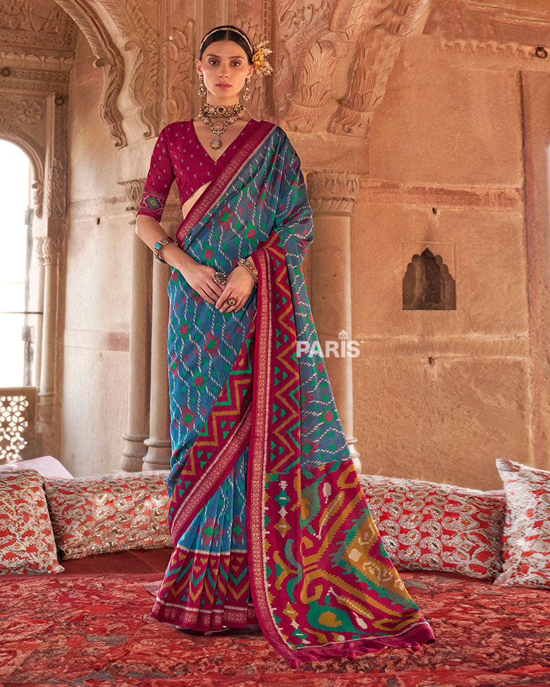 Teal Blue and Rani Pink Ikat Patola Printed Saree with Unstitched Blouse 01