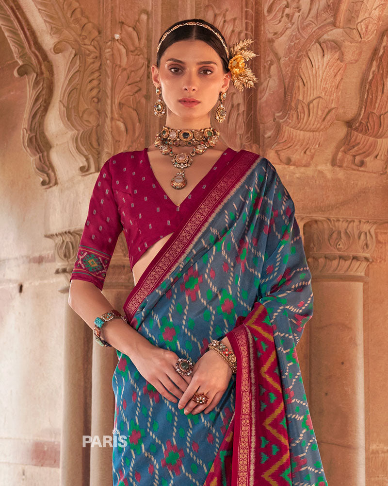 Teal Blue and Rani Pink Ikat Patola Printed Saree with Unstitched Blouse 02