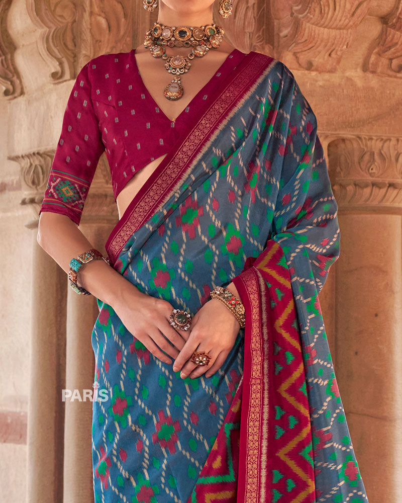 Teal Blue and Rani Pink Ikat Patola Printed Saree with Unstitched Blouse 03