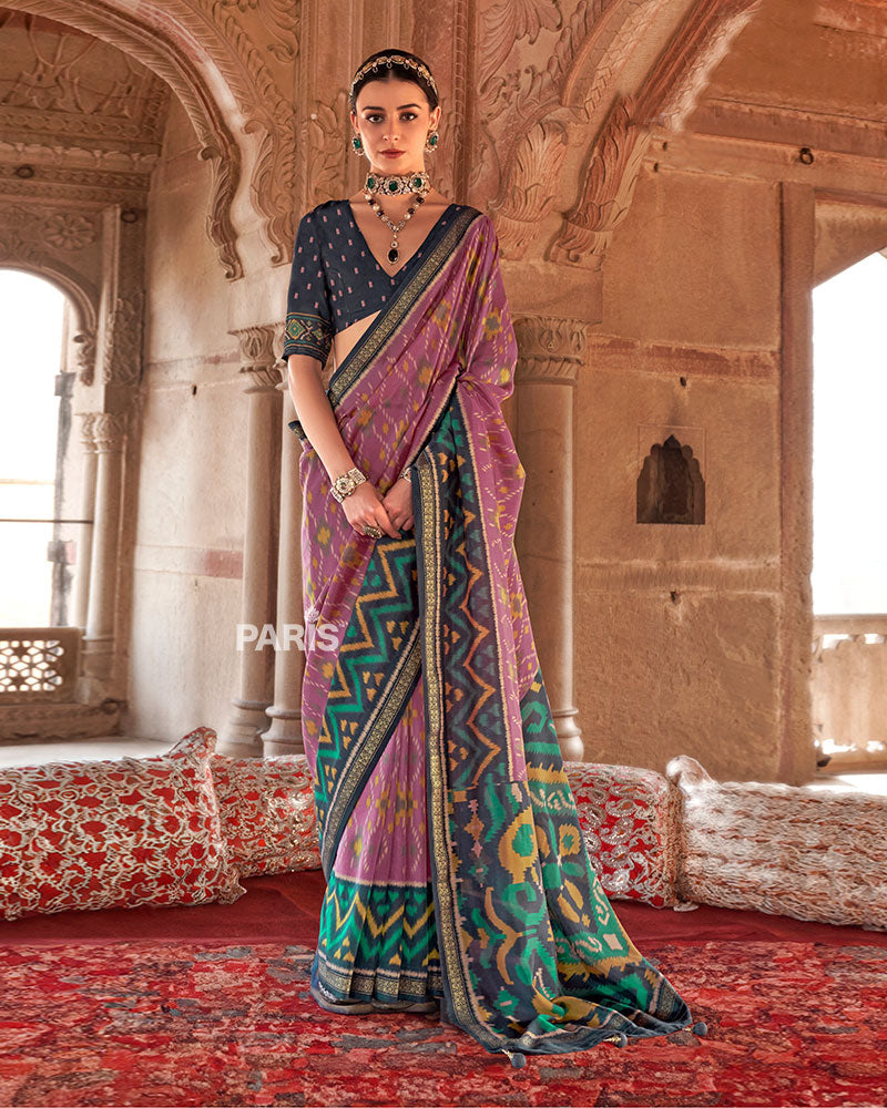 Lavender and Teal Ikat Patola Printed Saree with Unstitched Blouse 01
