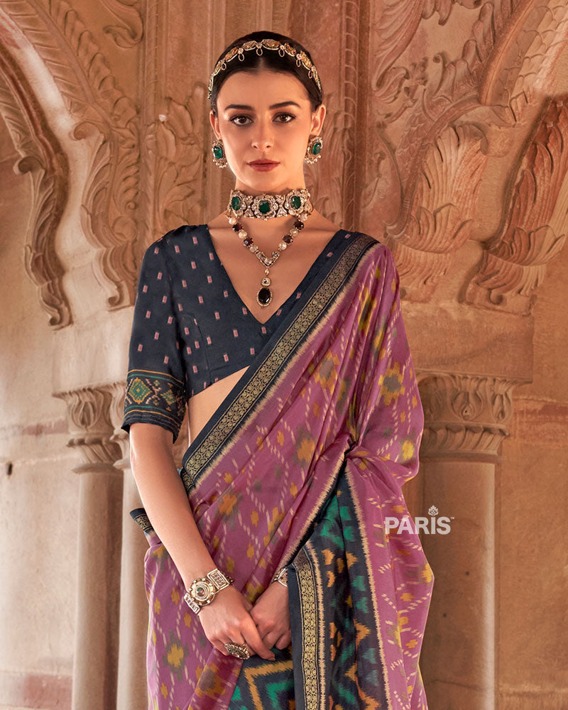 Lavender and Teal Ikat Patola Printed Saree with Unstitched Blouse 02