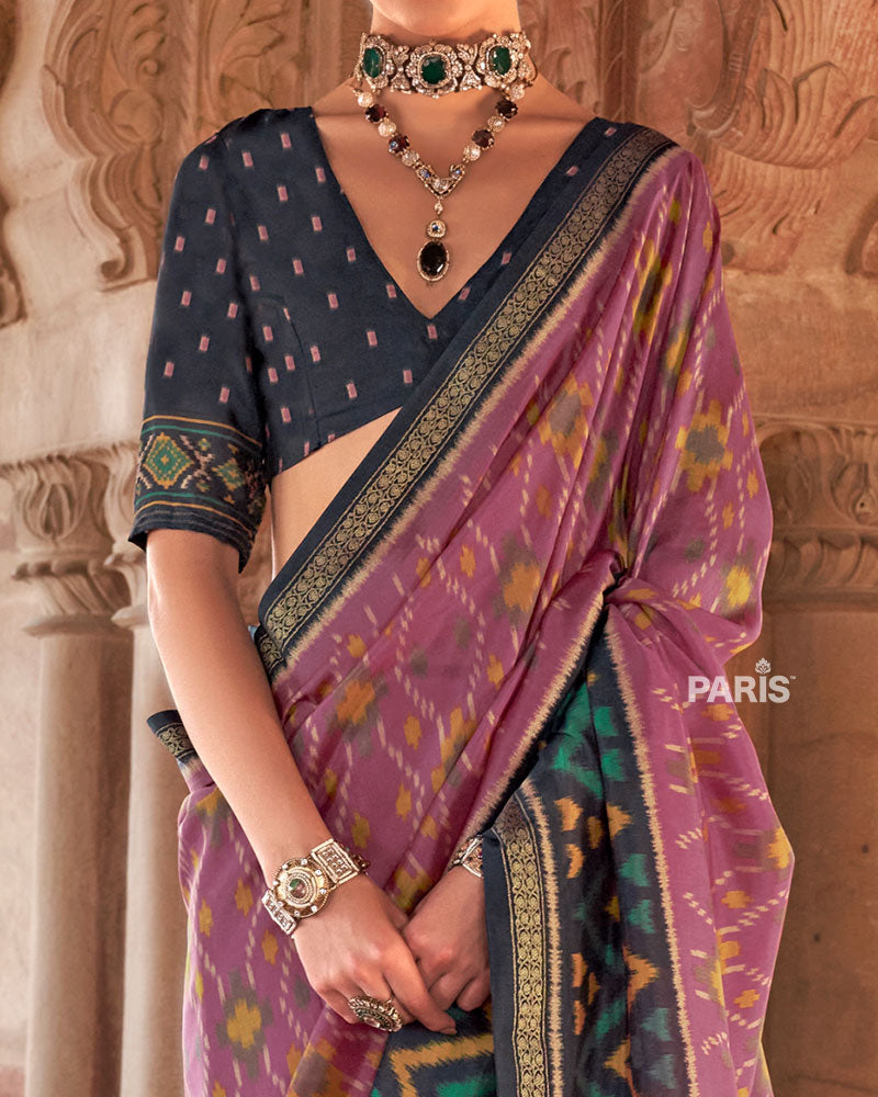 Lavender and Teal Ikat Patola Printed Saree with Unstitched Blouse 03