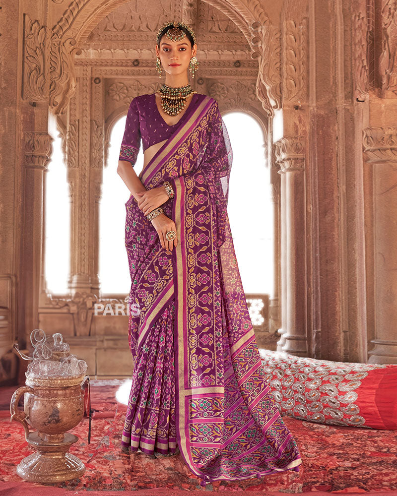 Royal Purple Patola Printed Saree with Golden Zari Border and Unstitched Blouse 01