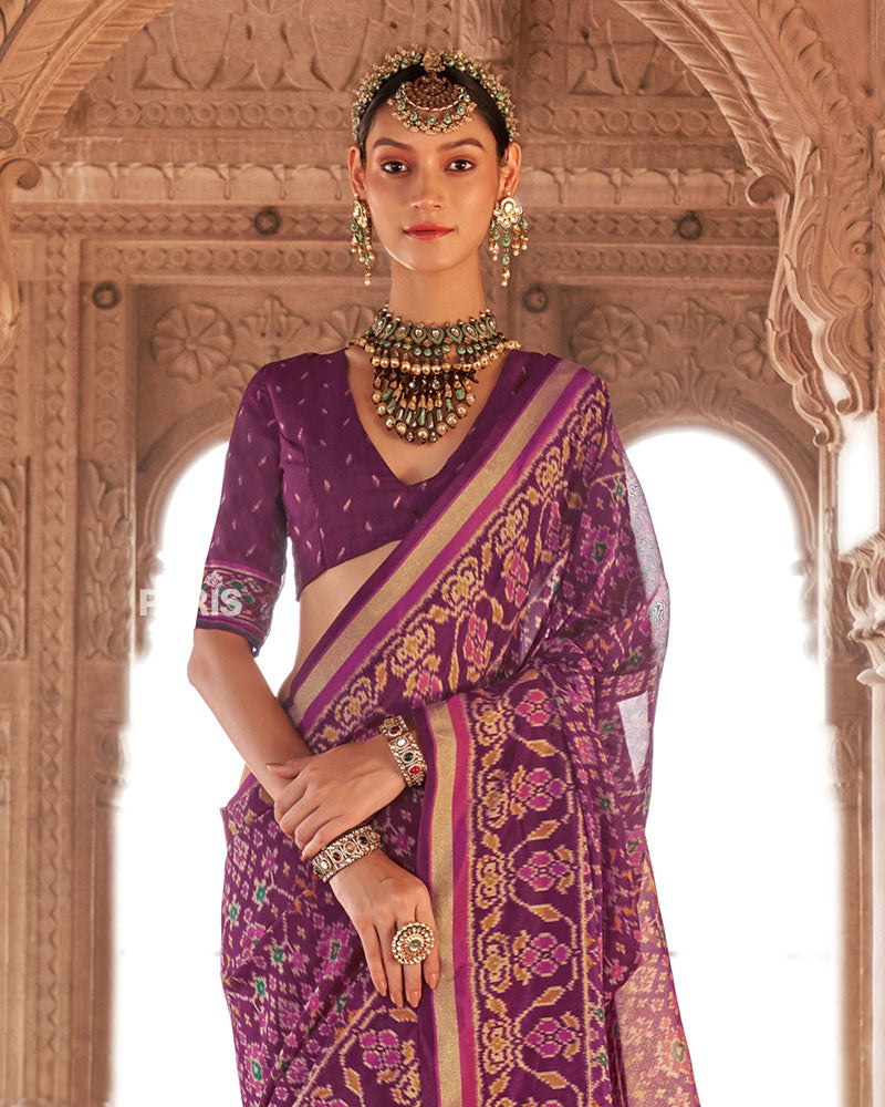 Royal Purple Patola Printed Saree with Golden Zari Border and Unstitched Blouse 02