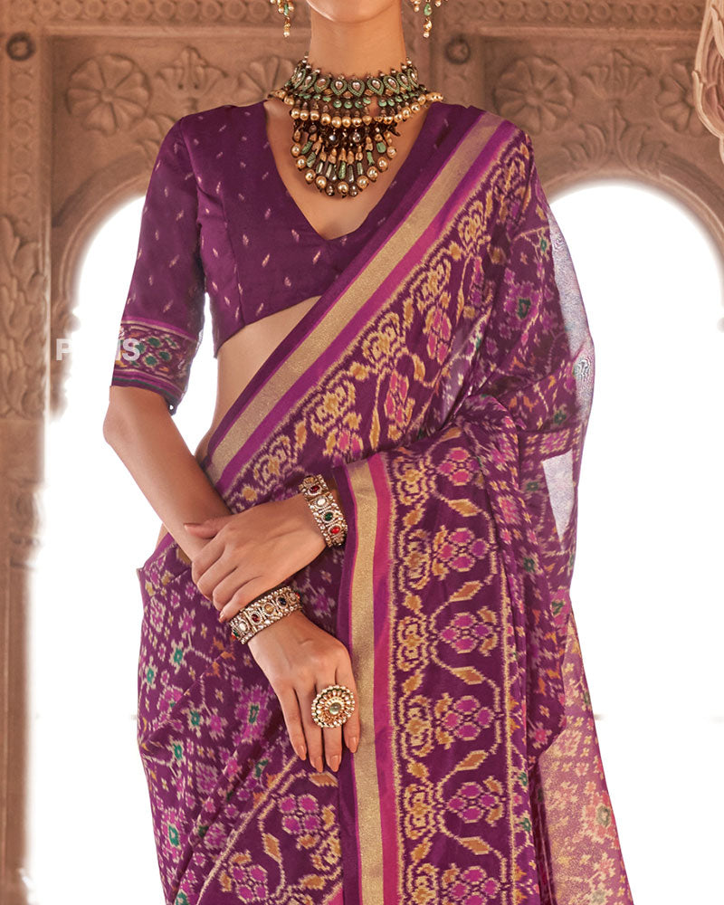 Royal Purple Patola Printed Saree with Golden Zari Border and Unstitched Blouse 03