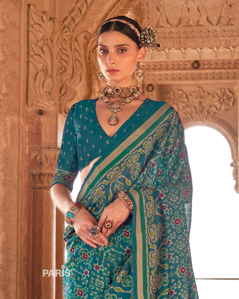 Teal Green Patola Printed Saree with Golden Zari Border and Unstitched Blouse 02