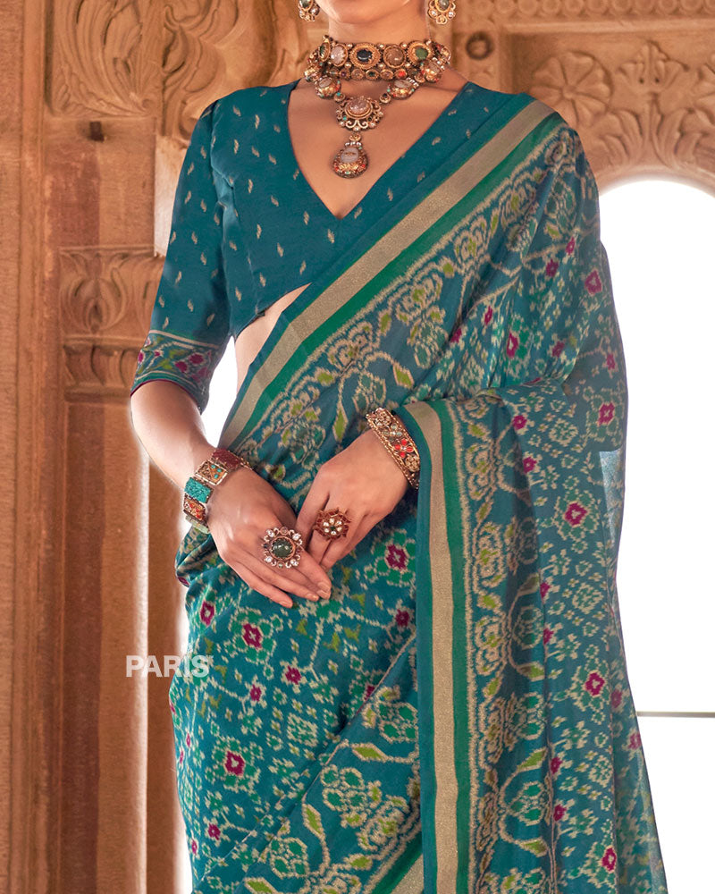 Teal Green Patola Printed Saree with Golden Zari Border and Unstitched Blouse 03