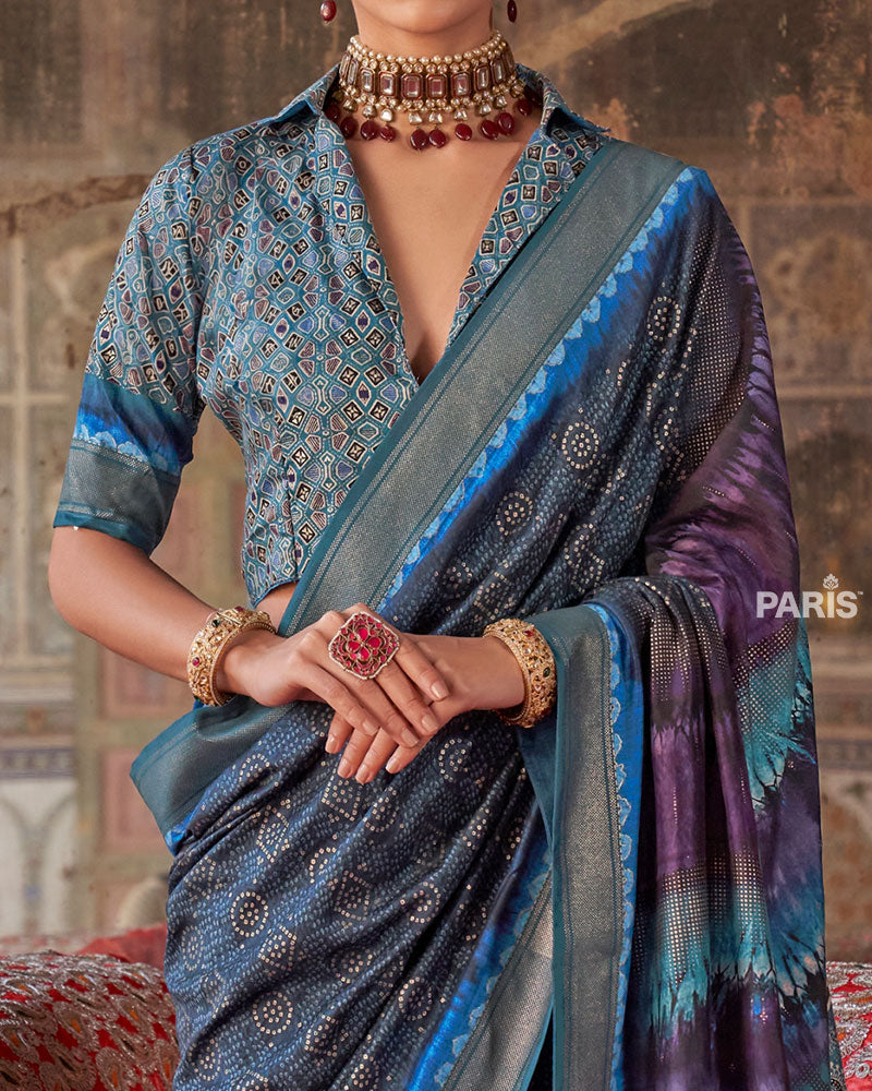 Blue Printed Silk Saree for Party & Wedding Wear