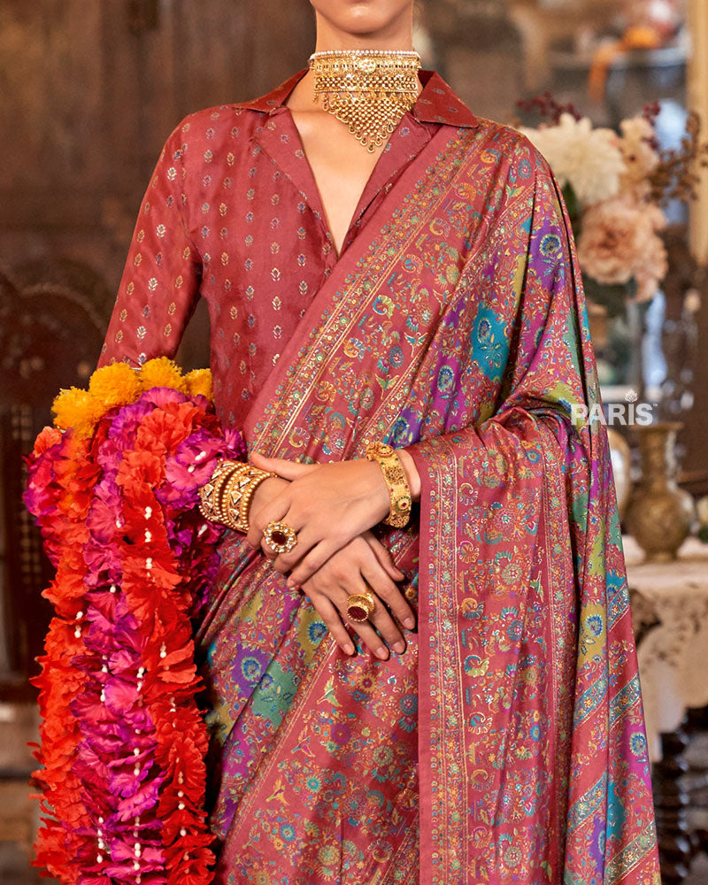 Forest Green Silk Saree with Floral Print Border