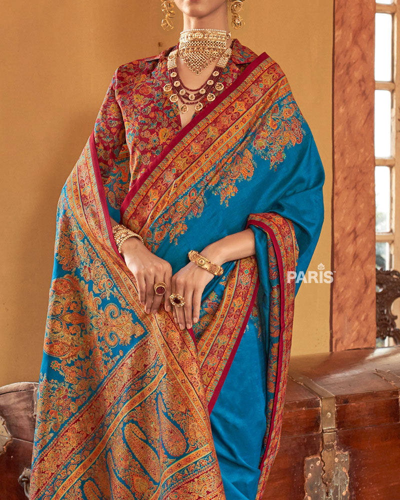 Deep Green Paisley Printed Silk Saree