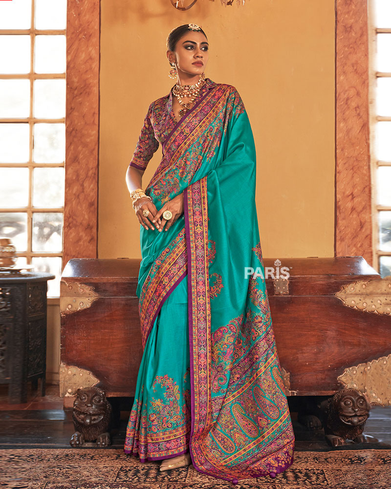 Purple Silk Saree with Multicolor Paisley & Blouse