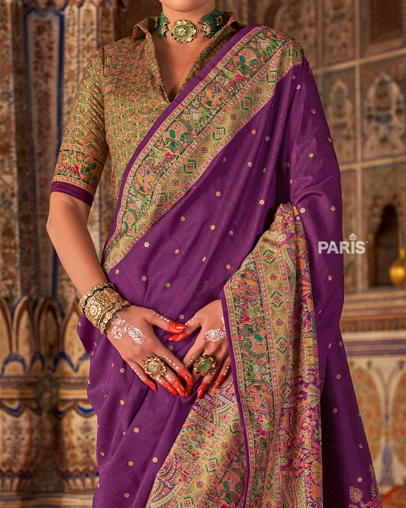 Teal Silk Saree with Floral Motif Border & Blouse