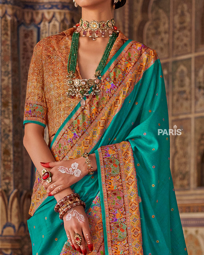 Navy Blue Silk Saree with Floral Print & Blouse