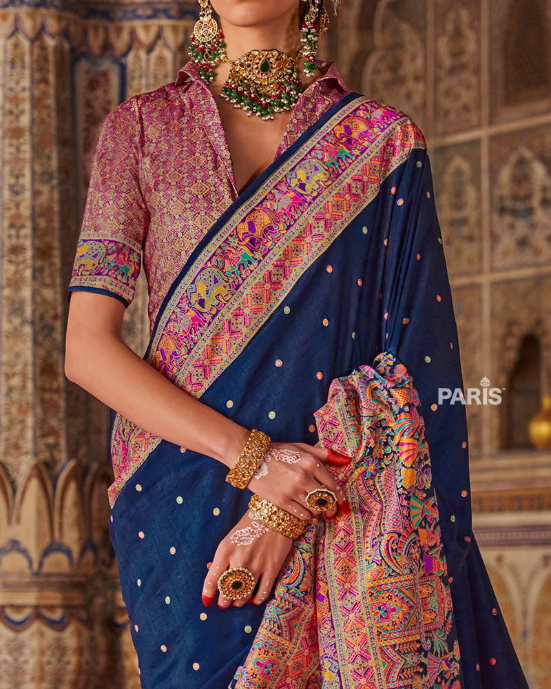Red Silk Saree with Floral Motif Print Border