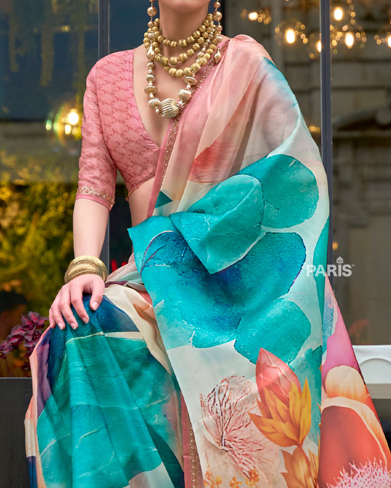 Teal & Coral Digital Floral Print Saree with Embellished Border