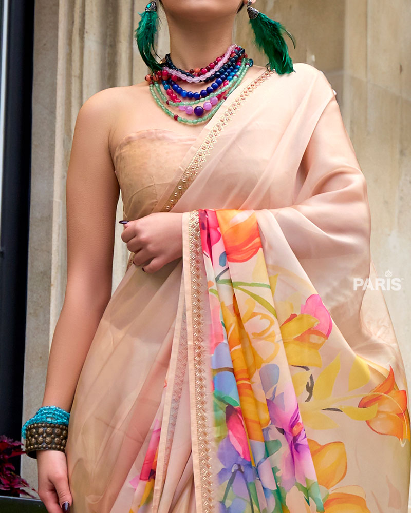 Light Beige Floral Print Saree – Sequin Border, Elegant Silk