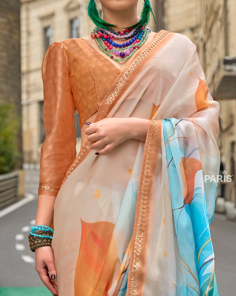 Peach Abstract Print Saree – Gold Embellished Border, Festive Silk