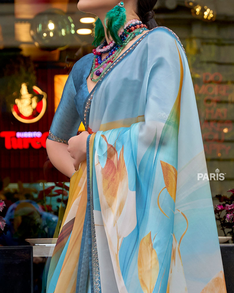 Light Teal & Peach Floral Print Saree – Silver Embellished Border