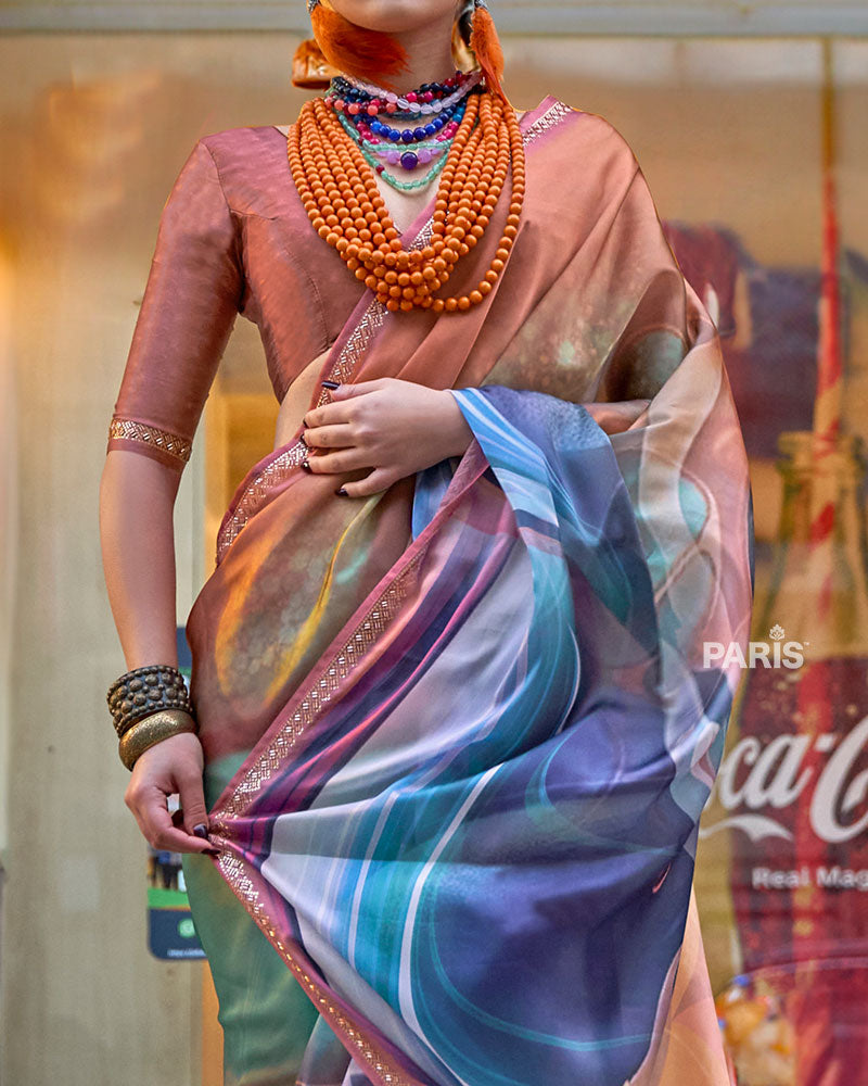 Multicolor Marbled Print Saree ā Gold-Peach Border, Trendy Silk