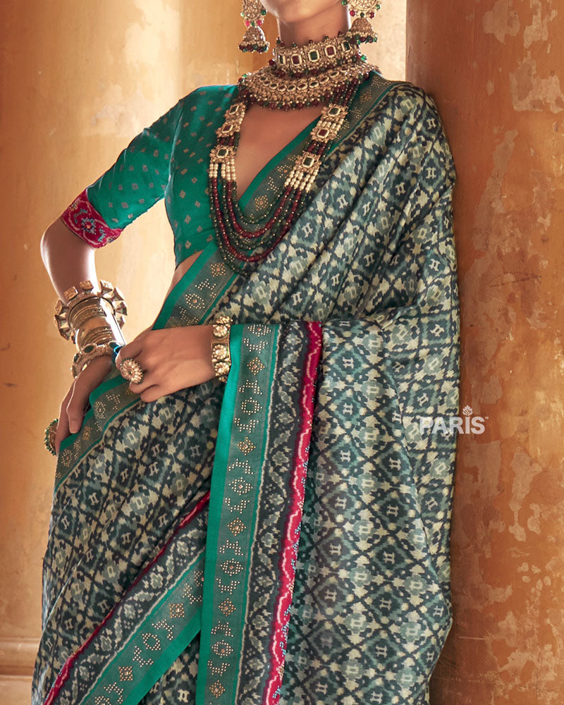 Teal Green Patola Silk Saree – Gold Zari Border, Ethnic Trend