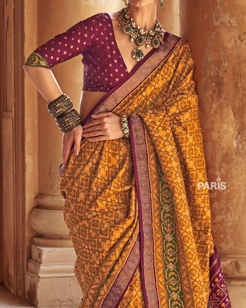 Yellow Patola Silk Saree – Purple Zari Border, Trendy Festive Saree