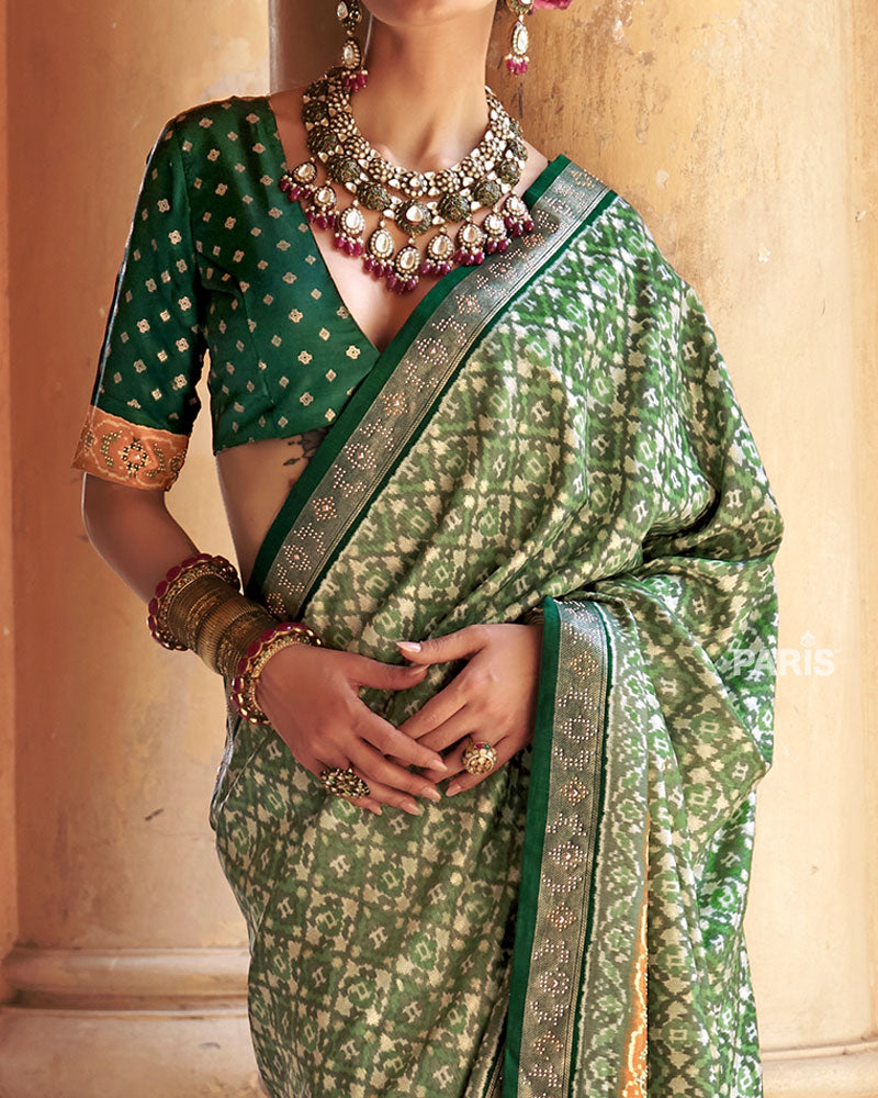 Light Green Patola Silk Saree – Zari Embellished Festive Wear