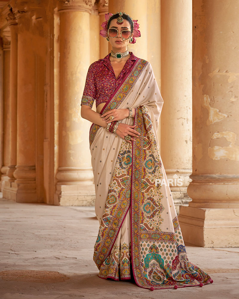 Maroon Floral Silk Saree with Ivory Border Details