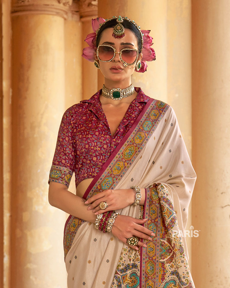 Maroon Floral Silk Saree with Ivory Border Details