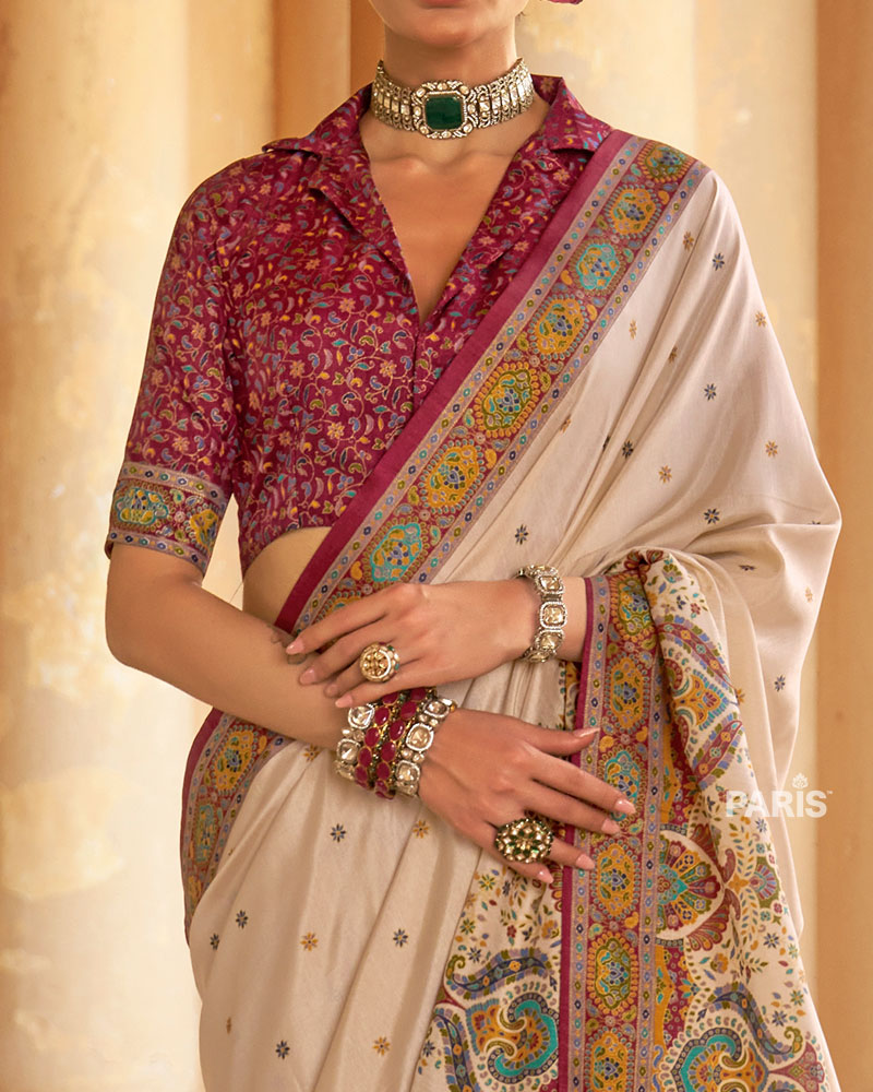 Maroon Floral Silk Saree with Ivory Border Details