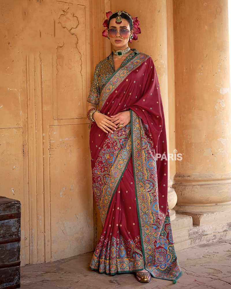 Teal Floral Print Saree with Maroon Contrast Border