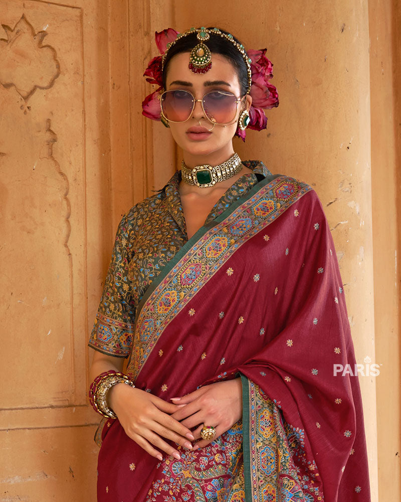 Teal Floral Print Saree with Maroon Contrast Border